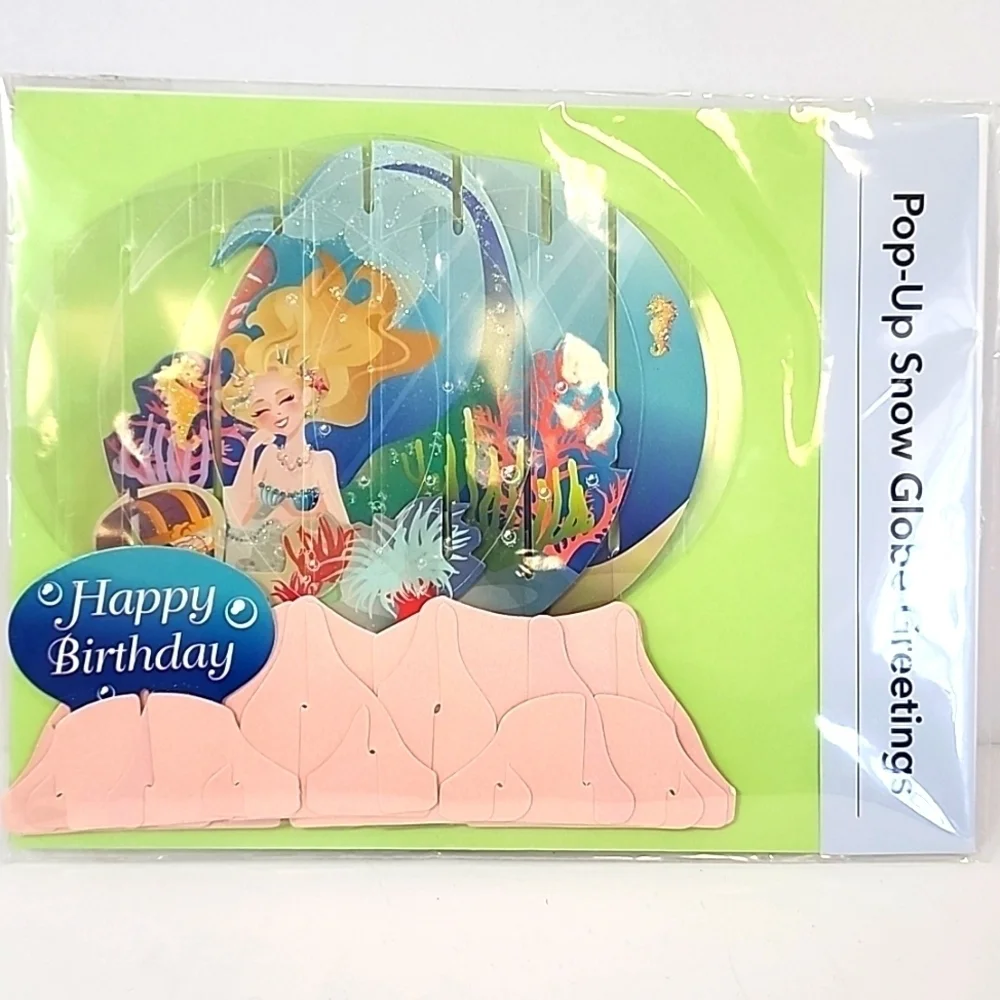 Greetings Birthday Card + 6x Ornate Hair Clips Pop-Up Snow Globe, NWOT.